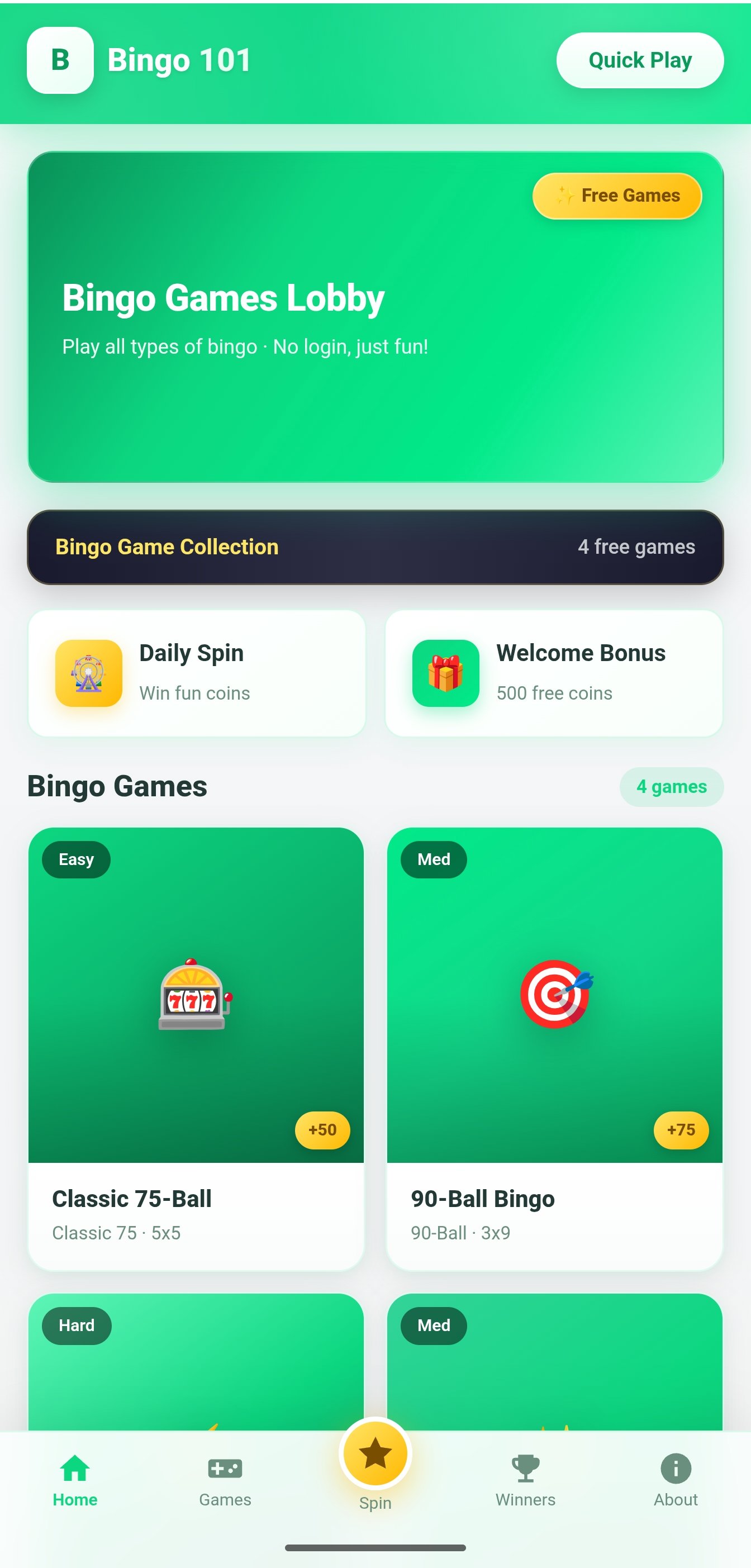 Bingo 101 Android app screenshot